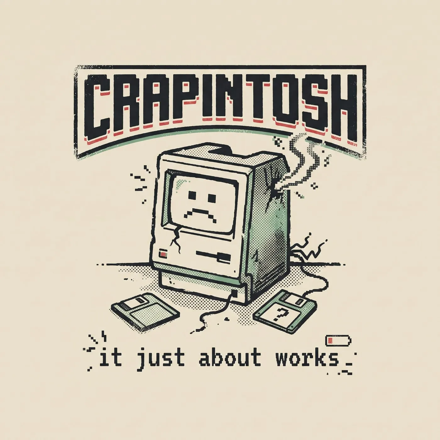 Crapintosh Classic print artwork: "CRAPINTOSH / it just about works"