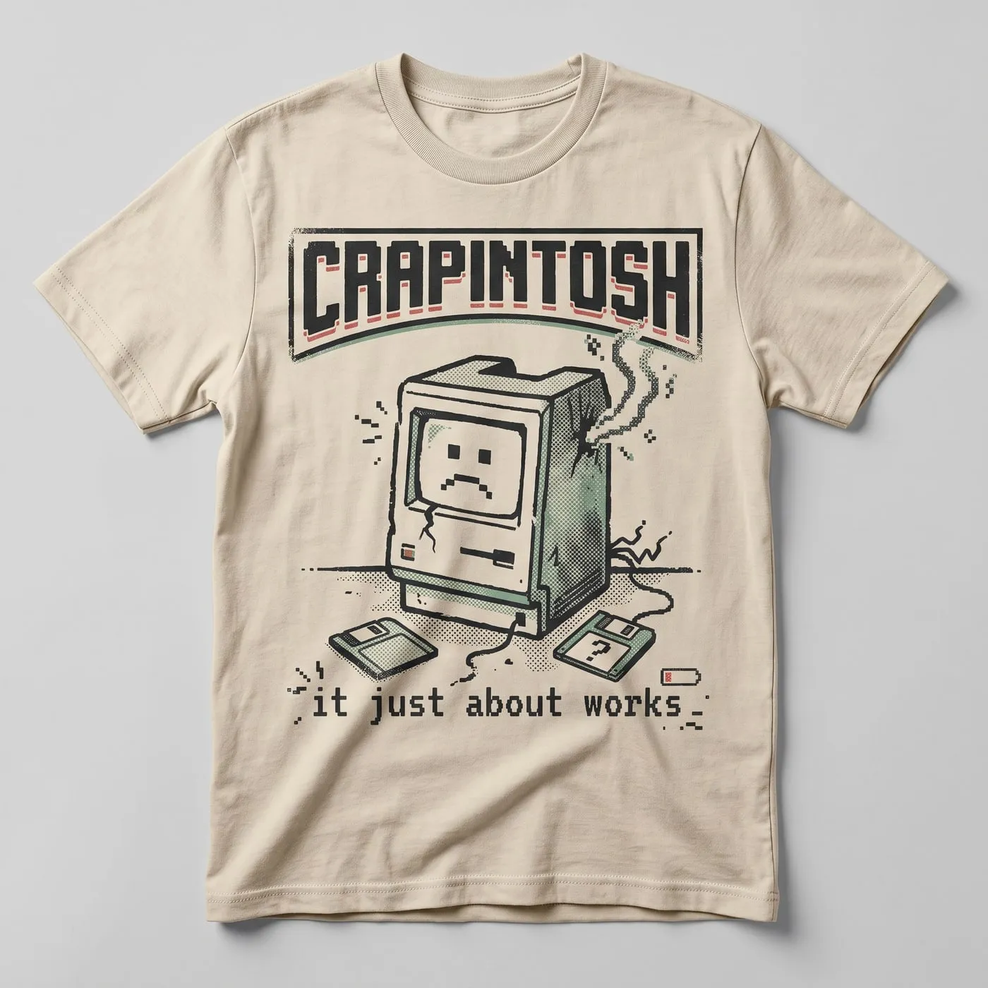 Crapintosh Classic t-shirt printed with "CRAPINTOSH / it just about works"
