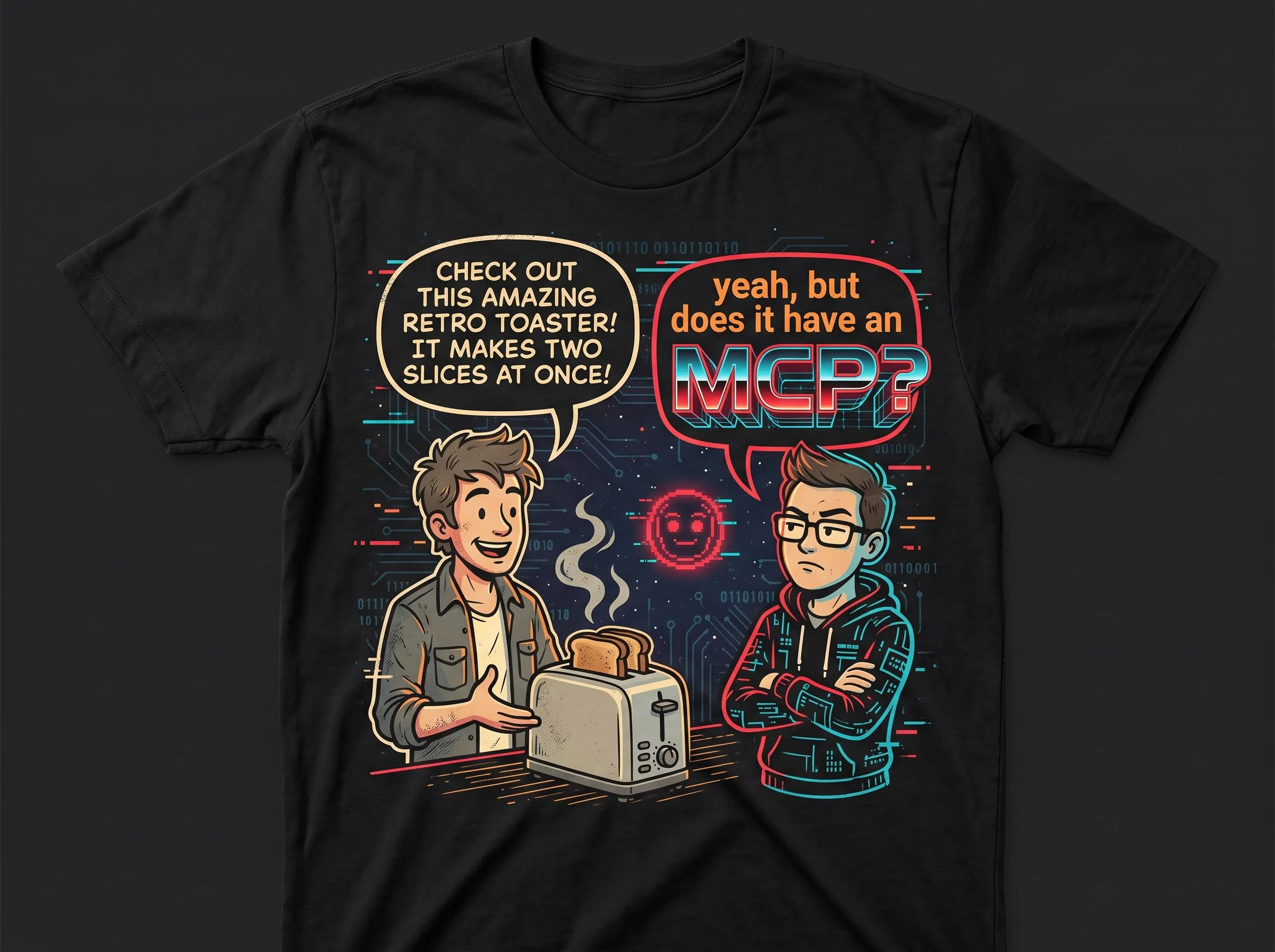 Black t-shirt cartoon of a man proudly showing a retro toaster to an unimpressed developer who asks "yeah, but does it have an MCP?"