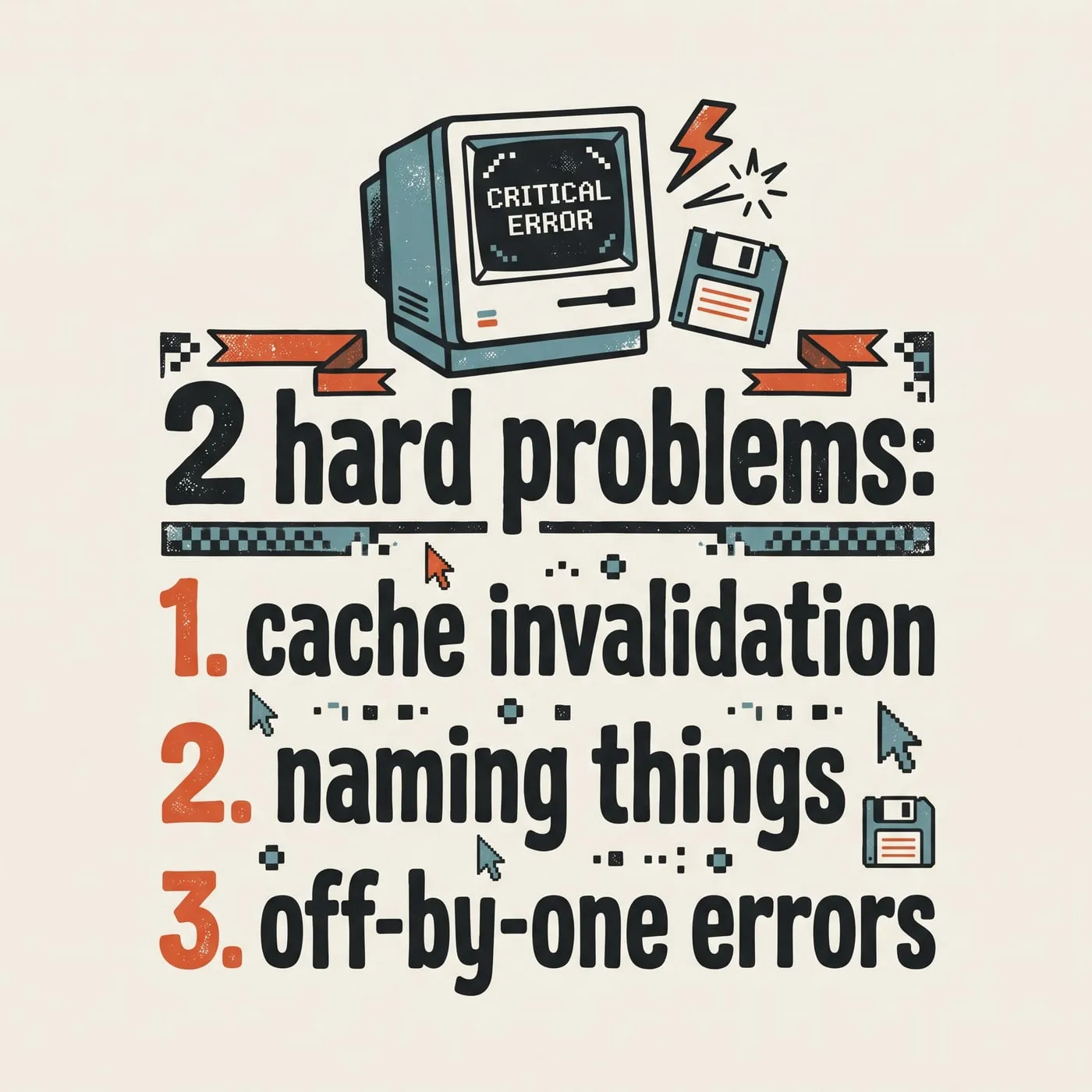 Off By One print artwork: "2 hard problems: / 1. cache invalidation / 2. naming things / 3. off-by-one errors"