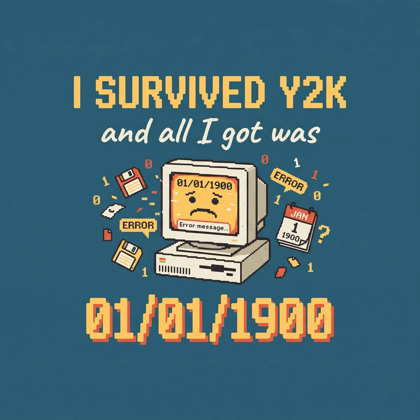 Y2K Survivor print artwork: "I SURVIVED Y2K / and all I got was / 01/01/1900"